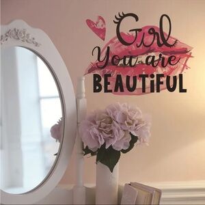 Girl You Are Beautiful Wall Decal Pink Black Inspirational Art